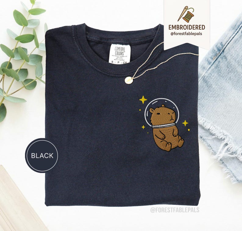 T-shirt Capybara spatial - chemise Capybara brodée, t-shirt animal cosmique mignon, chemise couleurs confort, cadeau pour amateur de Capybara, chemise animal rigolote Black