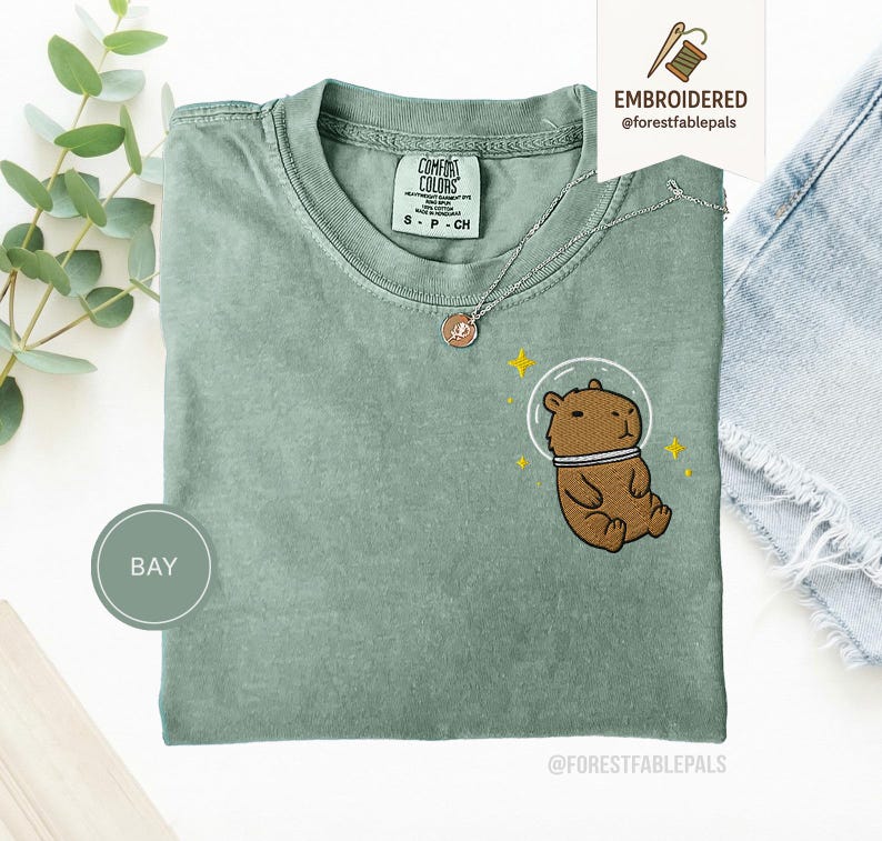 T-shirt Capybara spatial - chemise Capybara brodée, t-shirt animal cosmique mignon, chemise couleurs confort, cadeau pour amateur de Capybara, chemise animal rigolote Bay