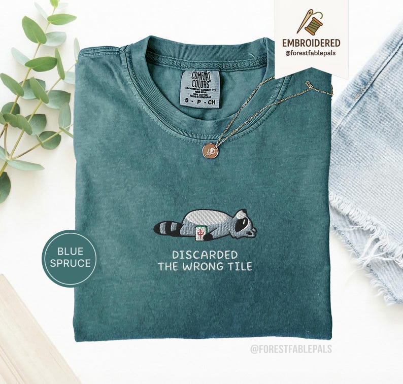 Embroidered Funny Mahjong Raccoon Shirt - Mahjong Gift, Mah Jong Shirt, American Mahjong, Mahjong Lover Gift, Mahjong Player Tee, Mahjongg Blue Spruce