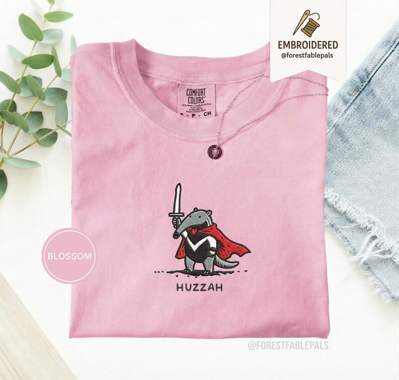 Funny Anteater Sword Shirt, Embroidered Huzzah Anteater Shirt, Medieval Animal Tee, Renaissance Faire, Cute Anteater Gift, Comfort Colors Blossom