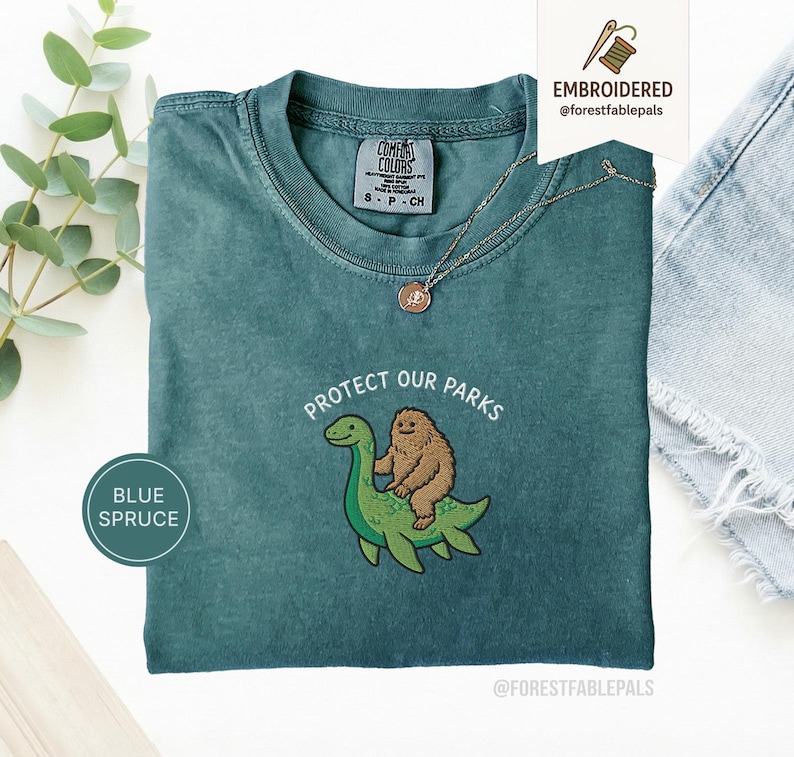 Embroidered Bigfoot Loch Ness Shirt - Protect Our National Parks T-Shirt, Cryptid Tee, Comfort Colors®, Funny Cryptid Gift Blue Spruce