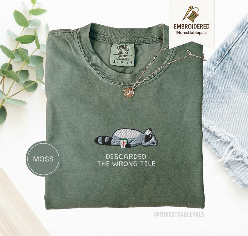Embroidered Funny Mahjong Raccoon Shirt - Mahjong Gift, Mah Jong Shirt, American Mahjong, Mahjong Lover Gift, Mahjong Player Tee, Mahjongg Moss
