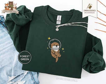 Raum Seeotter Sweatshirt, bestickter Otter Pullover, süßes kosmisches Tier Sweatshirt, Seeotter Liebhaber Geschenk, süßes Tier Sweatshirt