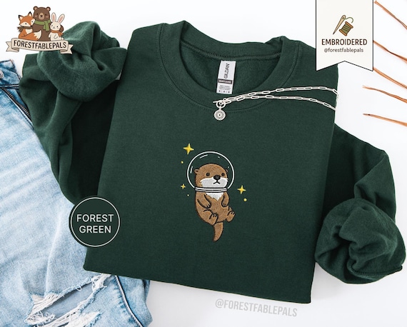 Space Sea Otter Sweatshirt, Embroidered Otter Sweater, Cute Cosmic Animal Sweatshirt, Sea Otter Lover Gift, Cute Animal Sweatshirt