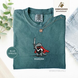 Funny Anteater Sword Shirt, Embroidered Huzzah Anteater Shirt, Medieval Animal Tee, Renaissance Faire, Cute Anteater Gift, Comfort Colors Blue Spruce