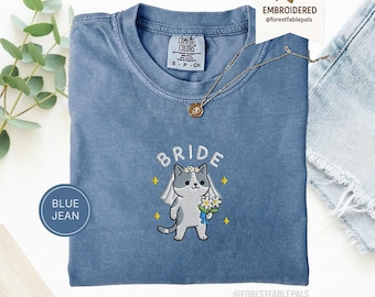 Camiseta de novia bordada con gato - Comfort Colors®, Camiseta divertida para amantes de los gatos para la futura novia, Camiseta de novia bordada - B-1-Center, Regalos para despedida de soltera