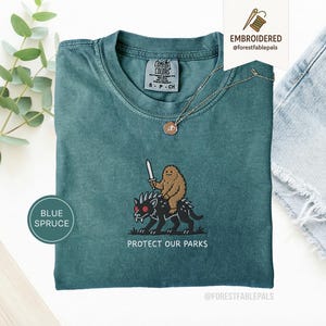Pode incluir: Camiseta azul abeto com um gráfico de um Sasquatch montando uma criatura preta e segurando uma espada. O texto "PROTECT OUR PARKS" está abaixo do gráfico. A camisa também tem o texto "COMFORT COLORS" e "S P CH". Um colar de ouro também é visível.