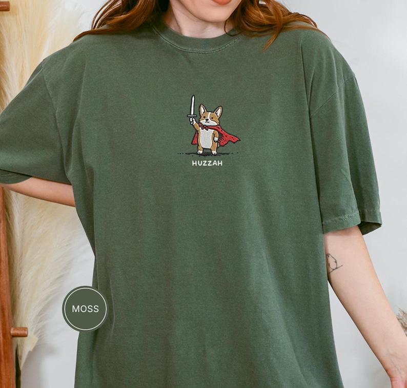 Funny Corgi Sword Shirt, Embroidered Huzzah Corgi Shirt, Medieval Dog Tee, Cute Dog Lover Gift, Renaissance Faire Shirt, Comfort Colors image 3