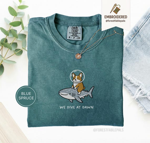 Embroidered Corgi Whale Shark Shirt - We Dive at Dawn, Funny Ocean Animal Shirt, Cute Corgi Tee, Marine Life Gift, Comfort Colors® Dog Shirt