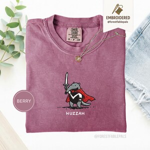 Funny Anteater Sword Shirt, Embroidered Huzzah Anteater Shirt, Medieval Animal Tee, Renaissance Faire, Cute Anteater Gift, Comfort Colors Berry