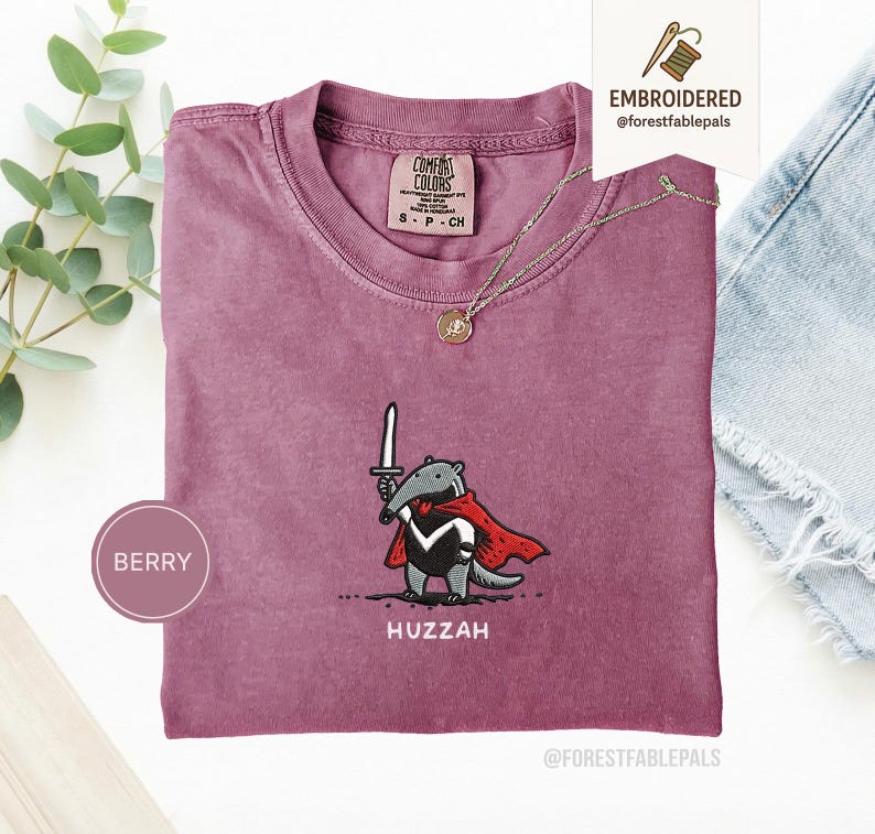 Funny Anteater Sword Shirt, Embroidered Huzzah Anteater Shirt, Medieval Animal Tee, Renaissance Faire, Cute Anteater Gift, Comfort Colors Berry
