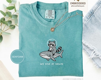 Embroidered Raccoon Whale Shark Shirt - We Dive at Dawn, Funny Ocean Animal Shirt, Cute Raccoon Tee, Marine Life Gift, Comfort Colors®