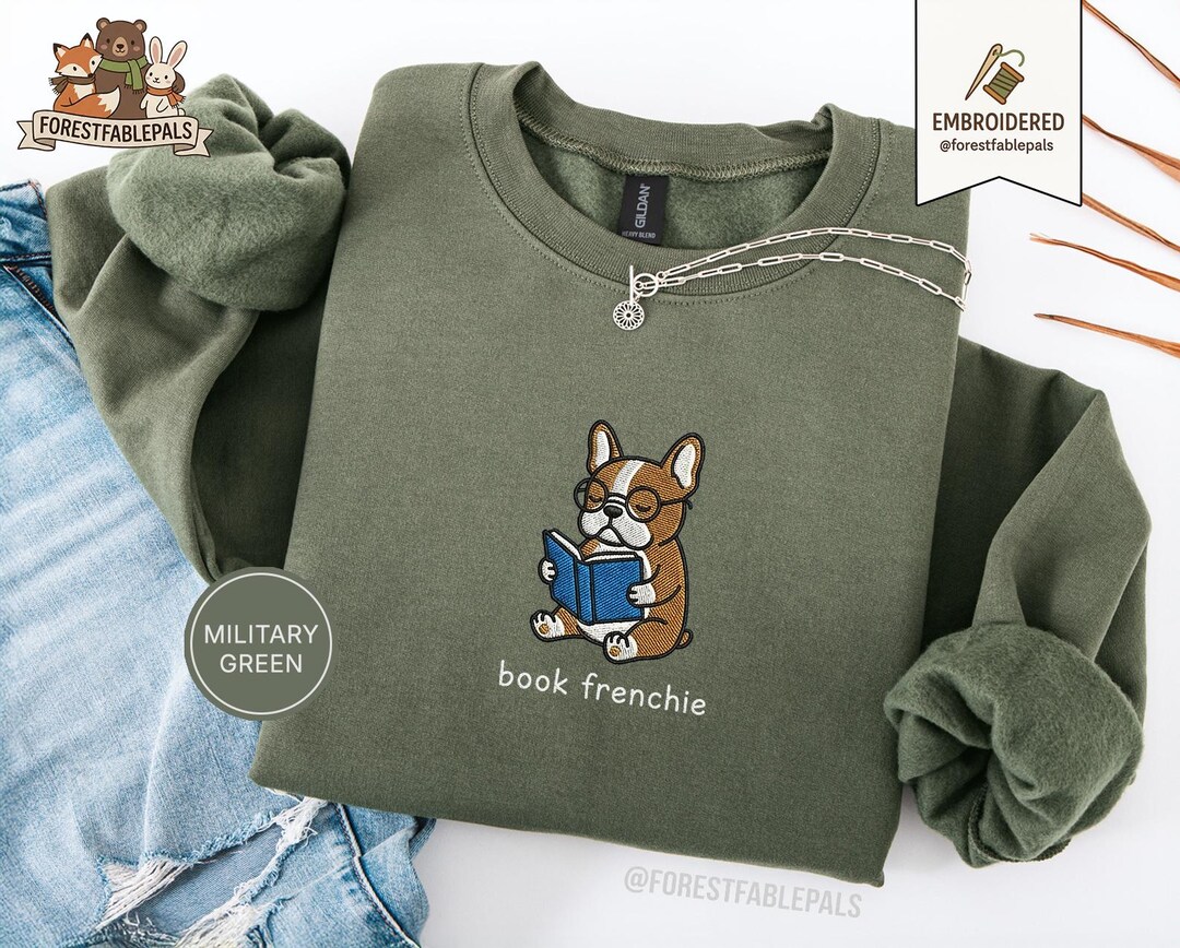 Embroidered French Bulldog Reading Sweatshirt, Cute Book Lover Frenchie ...