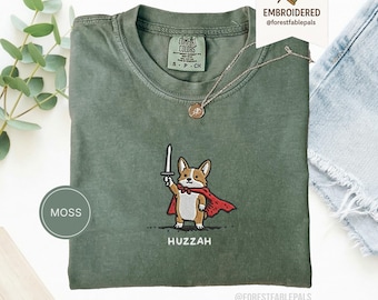 Funny Corgi Sword Shirt, Embroidered Huzzah Corgi Shirt, Medieval Dog Tee, Cute Dog Lover Gift, Renaissance Faire Shirt, Comfort Colors