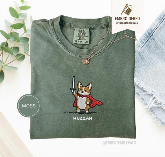 Funny Corgi Sword Shirt, Embroidered Huzzah Corgi Shirt, Medieval Dog Tee, Cute Dog Lover Gift, Renaissance Faire Shirt, Comfort Colors
