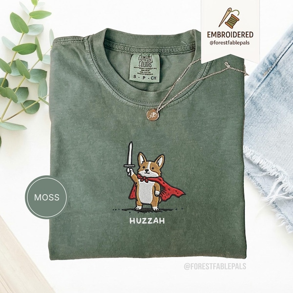 Funny Corgi Sword Shirt, Embroidered Huzzah Corgi Shirt, Medieval Dog Tee, Cute Dog Lover Gift, Renaissance Faire Shirt, Comfort Colors