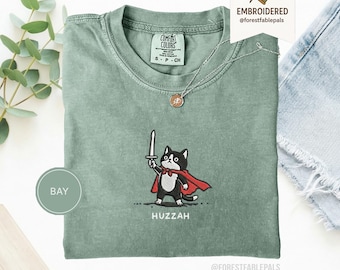 Embroidered Cat Shirt - Huzzah Shirt, Ren Faire Clothing, DnD Shirt, Medieval Shirt, DnD Gift, Renaissance Fair, Renaissance Faire, Cat Gift
