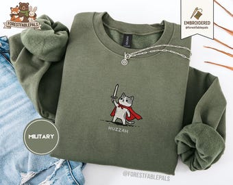 Huzzah Cat Sweatshirt, Embroidered Gildan 18000, Funny DnD Pullover, Renaissance Faire Cat Crewneck, Medieval Fantasy Gamer Gift