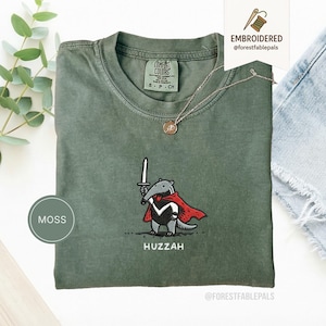 Funny Anteater Sword Shirt, Embroidered Huzzah Anteater Shirt, Medieval Animal Tee, Renaissance Faire, Cute Anteater Gift, Comfort Colors Moss