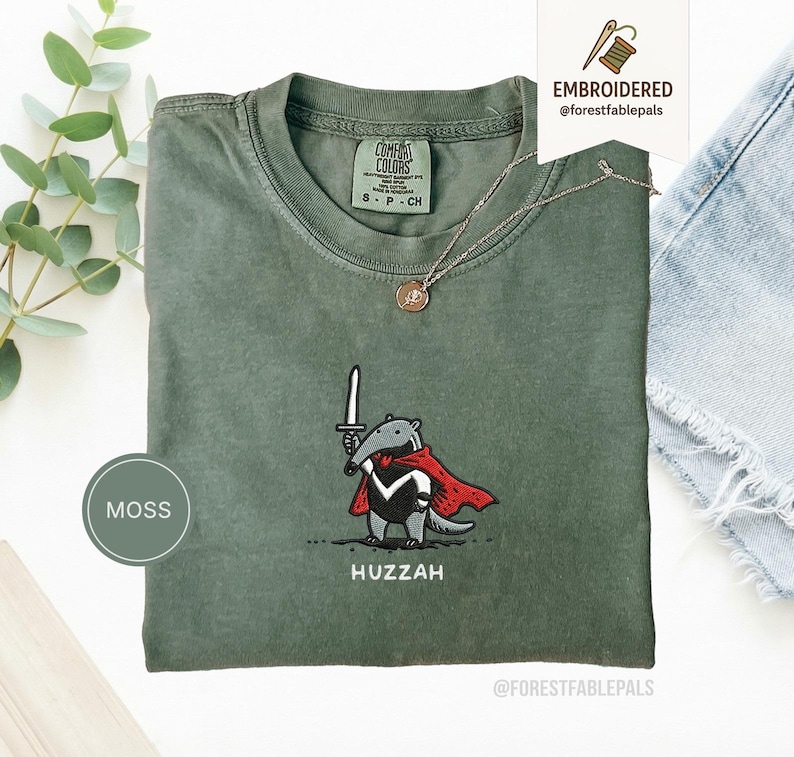 Funny Anteater Sword Shirt, Embroidered Huzzah Anteater Shirt, Medieval Animal Tee, Renaissance Faire, Cute Anteater Gift, Comfort Colors Moss