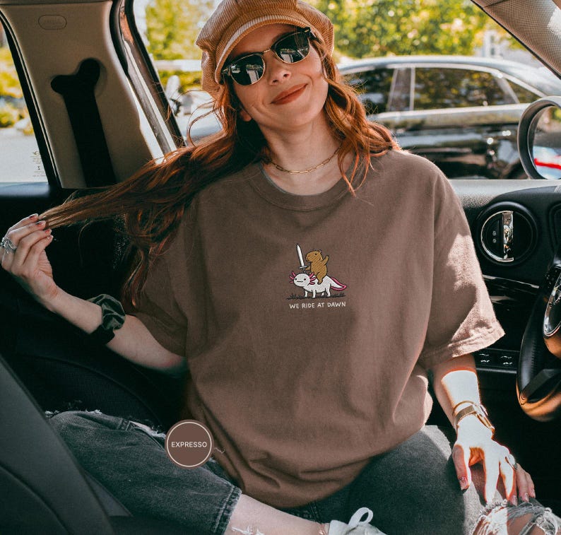 Embroidered Capybara Axolotl Shirt - We Ride at Dawn, Funny Capybara Shirt, Ren Faire Clothing, Cute Animal Gift, Medieval Shirt, CC 1717 Espresso