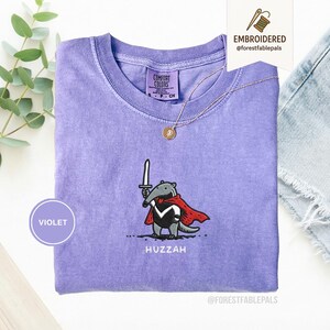 Funny Anteater Sword Shirt, Embroidered Huzzah Anteater Shirt, Medieval Animal Tee, Renaissance Faire, Cute Anteater Gift, Comfort Colors Violet
