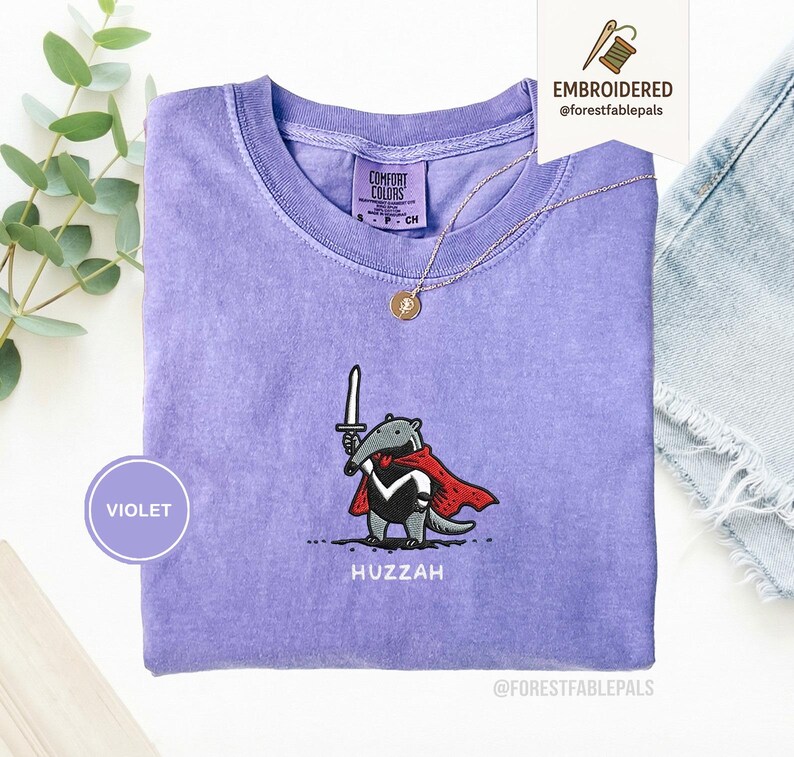 Funny Anteater Sword Shirt, Embroidered Huzzah Anteater Shirt, Medieval Animal Tee, Renaissance Faire, Cute Anteater Gift, Comfort Colors Violet