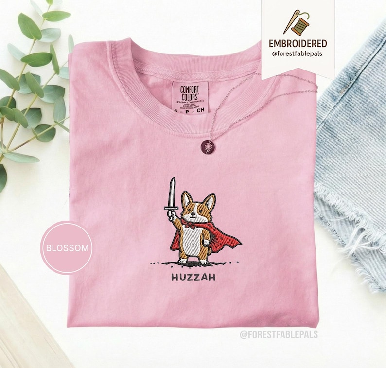 Funny Corgi Sword Shirt, Embroidered Huzzah Corgi Shirt, Medieval Dog Tee, Cute Dog Lover Gift, Renaissance Faire Shirt, Comfort Colors Blossom