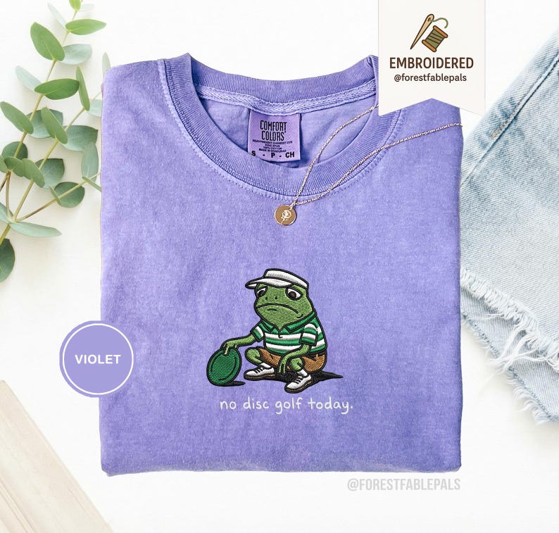 Embroidered No Disc Golf Today Frog Shirt, Funny Dad T-Shirt, Disc Golf Lover Gift for Men, Husband, Boyfriend, Sarcastic Humor Disc Golf Violet