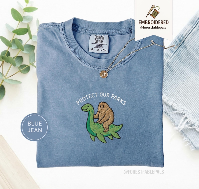 Embroidered Bigfoot Loch Ness Shirt - Protect Our National Parks T-Shirt, Cryptid Tee, Comfort Colors®, Funny Cryptid Gift Blue Jean