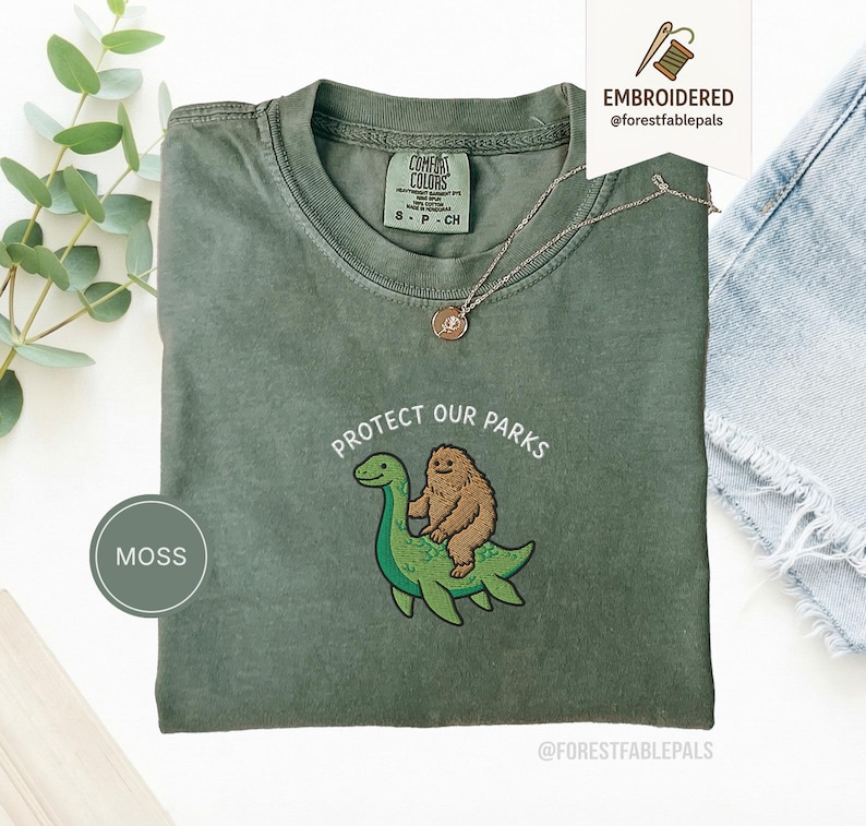 Embroidered Bigfoot Loch Ness Shirt - Protect Our National Parks T-Shirt, Cryptid Tee, Comfort Colors®, Funny Cryptid Gift Moss