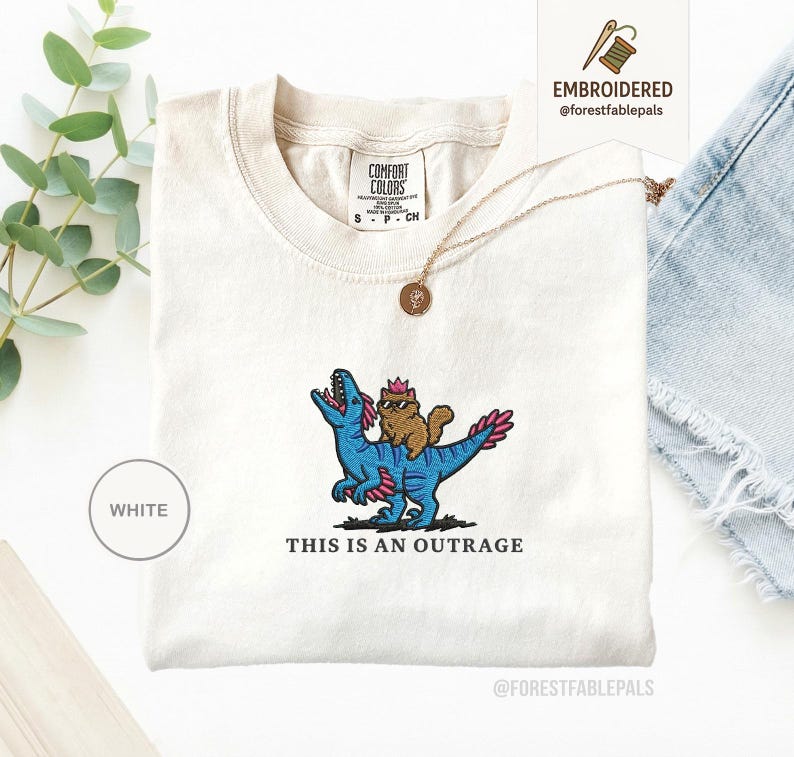 May include: White Comfort Colors t-shirt with an embroidered design. The design features a brown cat wearing sunglasses riding a blue dinosaur with pink accents. The text "THIS IS AN OUTRAGE" is below the design.