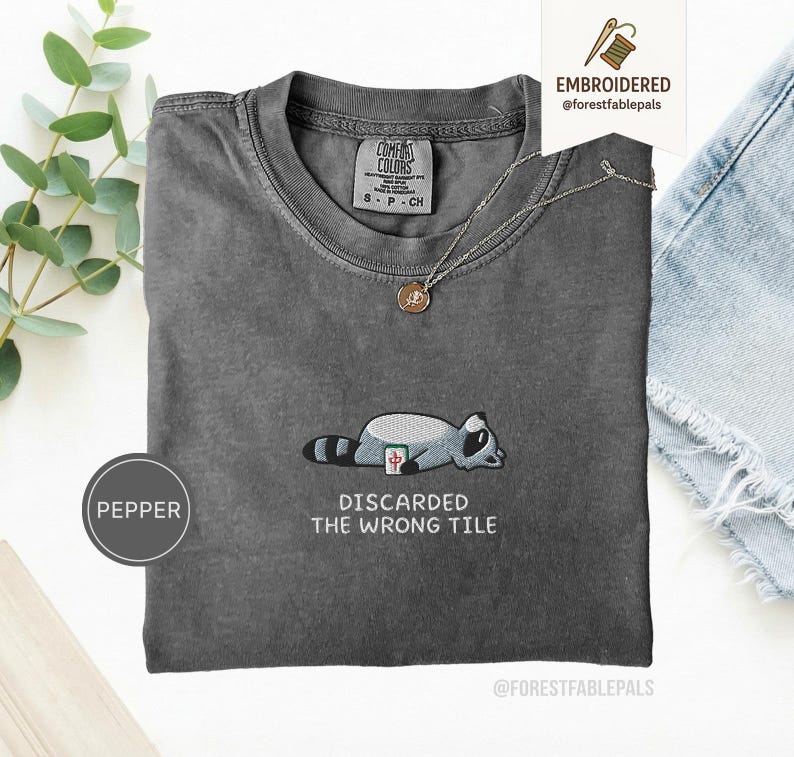 Embroidered Funny Mahjong Raccoon Shirt - Mahjong Gift, Mah Jong Shirt, American Mahjong, Mahjong Lover Gift, Mahjong Player Tee, Mahjongg Pepper
