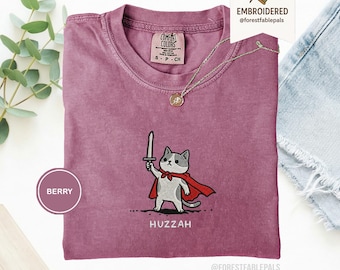 Huzzah Cat with Sword Tee, Embroidered Medieval Cat Shirt, Comfort Colors 1717, Funny DnD T-Shirt, Renaissance Faire Cat Gift
