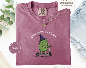 Embroidered Auntie Frog shirt Off to Commit Aunt Foolery Crewneck Funny Frog Scooter Gift For Aunt Funny Auntie Tee Pregnancy Announcement