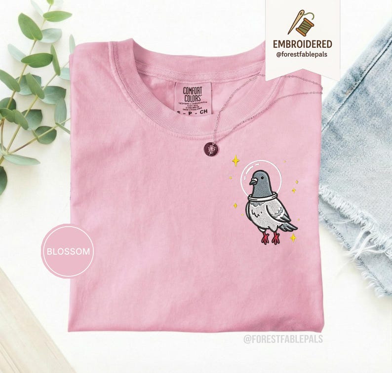 Maglietta con piccione spaziale, maglietta con piccione divertente ricamato, maglietta con simpatico animale cosmico, maglietta Comfort Colors, regalo per amanti dei piccioni, maglietta con animale carino Blossom