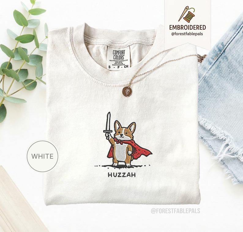 Funny Corgi Sword Shirt, Embroidered Huzzah Corgi Shirt, Medieval Dog Tee, Cute Dog Lover Gift, Renaissance Faire Shirt, Comfort Colors White