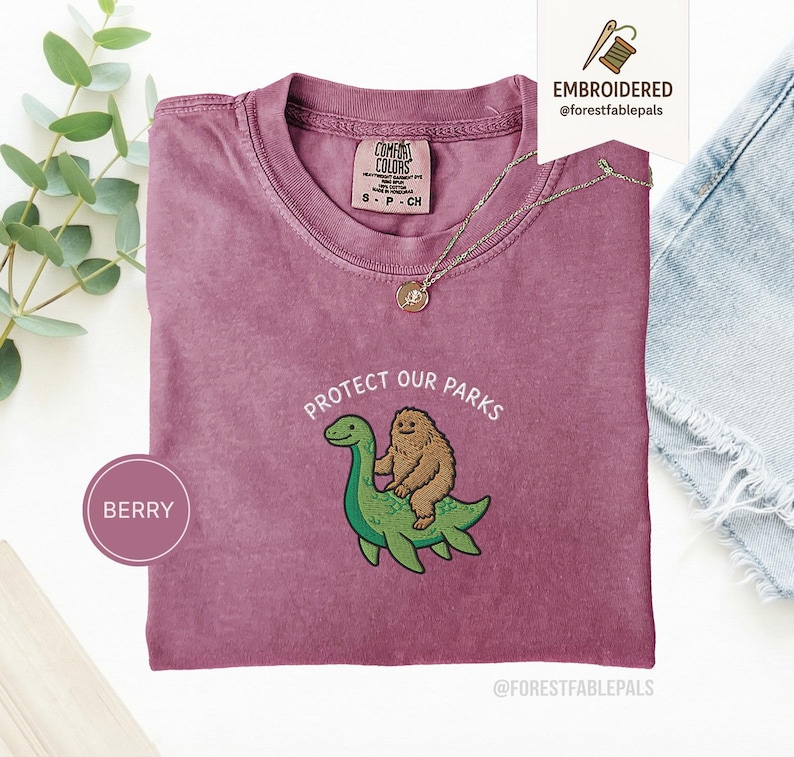 Embroidered Bigfoot Loch Ness Shirt - Protect Our National Parks T-Shirt, Cryptid Tee, Comfort Colors®, Funny Cryptid Gift Berry