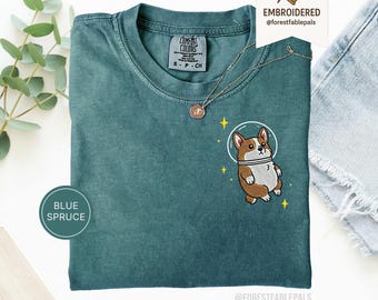 Space Corgi T-Shirt, Embroidered Funny Corgi Shirt, Cute Cosmic Dog Tee, Comfort Colors Shirt, Corgi Lover Gift, Cute Dog Shirt