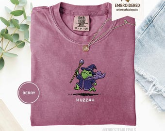 Huzzah Frog Wizard with Staff Tee, Embroidered Medieval Frog Shirt, Comfort Colors 1717, Funny DnD T-Shirt, Renaissance Faire Frog Gift