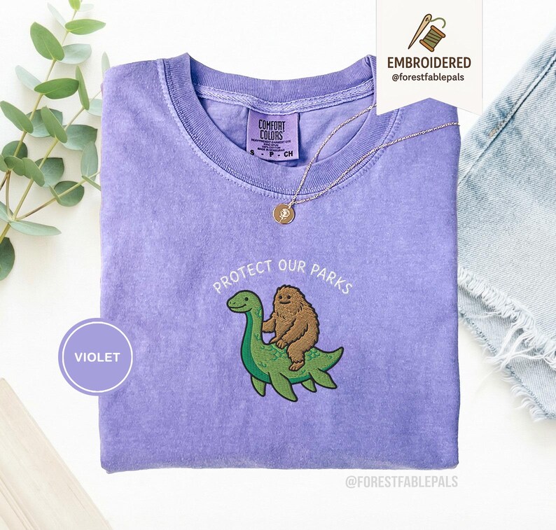 Embroidered Bigfoot Loch Ness Shirt - Protect Our National Parks T-Shirt, Cryptid Tee, Comfort Colors®, Funny Cryptid Gift Violet