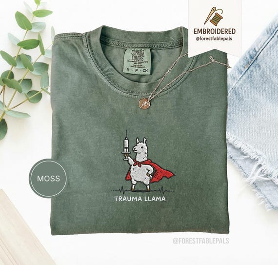 Embroidered Trauma Llama Shirt, Funny Nurse Shirt, Trauma Nurse Gift, ER Nurse Tee, Healthcare Worker Gift, Cute Llama Comfort Colors Shirt