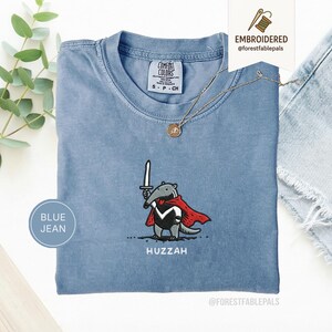 Funny Anteater Sword Shirt, Embroidered Huzzah Anteater Shirt, Medieval Animal Tee, Renaissance Faire, Cute Anteater Gift, Comfort Colors Blue Jean