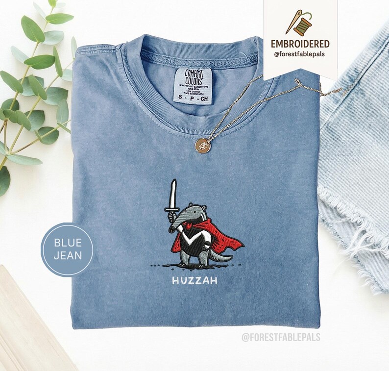 Funny Anteater Sword Shirt, Embroidered Huzzah Anteater Shirt, Medieval Animal Tee, Renaissance Faire, Cute Anteater Gift, Comfort Colors Blue Jean