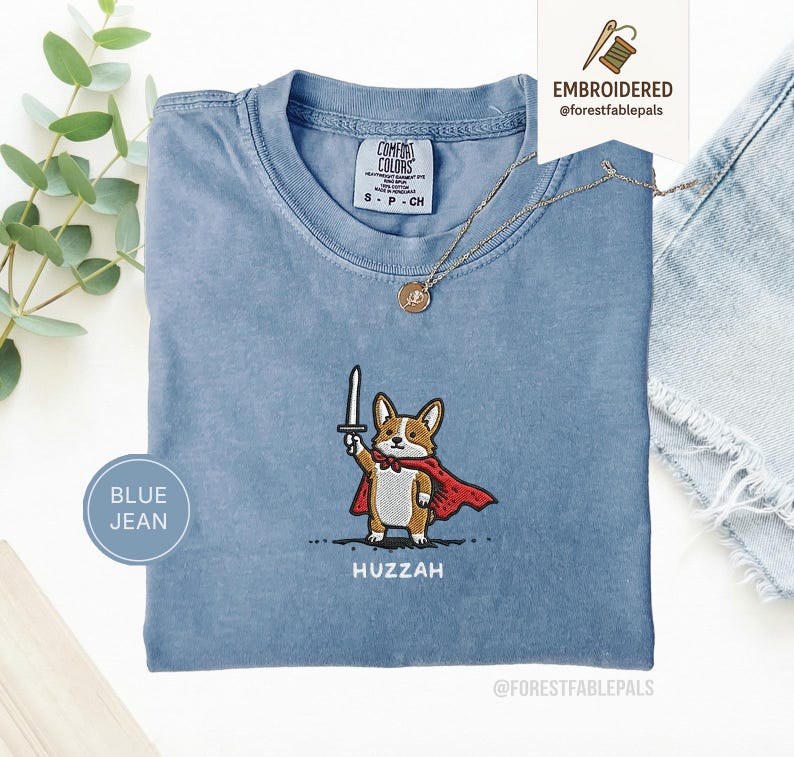 Funny Corgi Sword Shirt, Embroidered Huzzah Corgi Shirt, Medieval Dog Tee, Cute Dog Lover Gift, Renaissance Faire Shirt, Comfort Colors Blue Jean