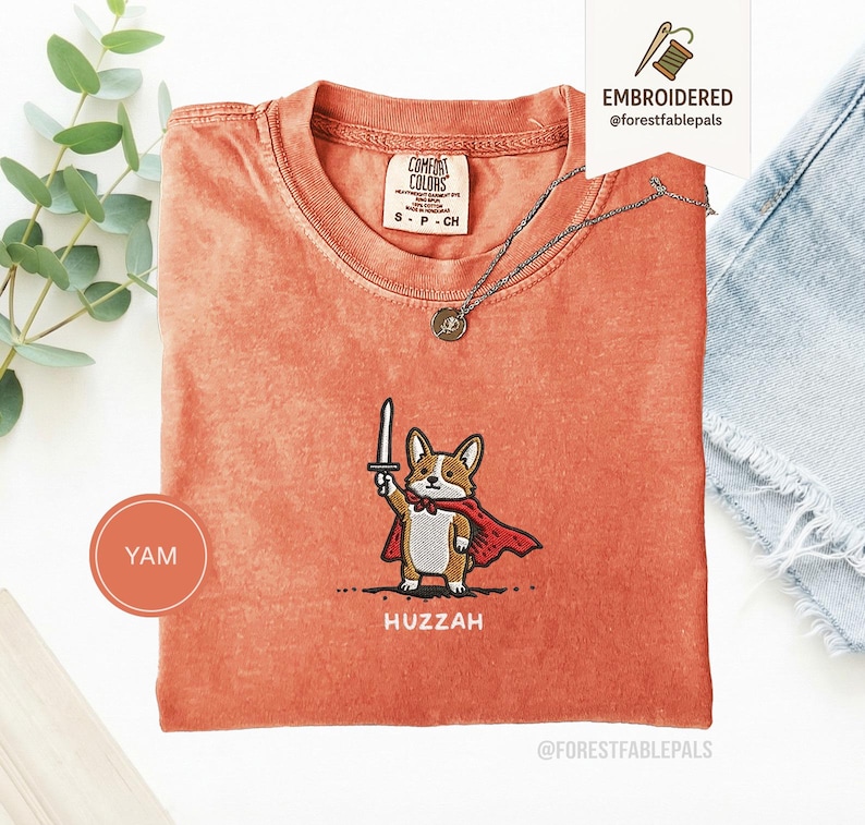 Funny Corgi Sword Shirt, Embroidered Huzzah Corgi Shirt, Medieval Dog Tee, Cute Dog Lover Gift, Renaissance Faire Shirt, Comfort Colors Yam