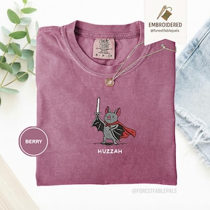 Huzzah Bat with Sword Tee, Embroidered Medieval Bat Shirt, Comfort Colors 1717, Funny DnD T-Shirt, Renaissance Fair