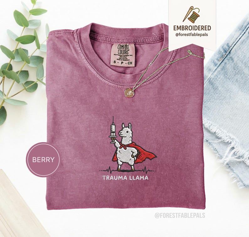 Embroidered Trauma Llama Shirt, Funny Nurse Shirt, Trauma Nurse Gift, ER Nurse Tee, Healthcare Worker Gift, Cute Llama Comfort Colors Shirt Berry