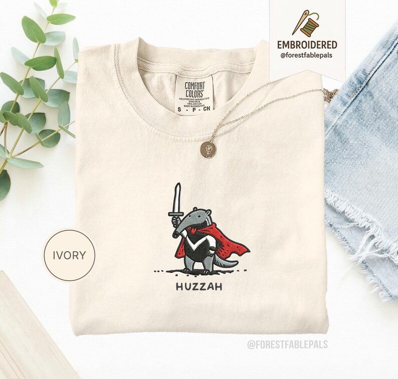 Funny Anteater Sword Shirt, Embroidered Huzzah Anteater Shirt, Medieval Animal Tee, Renaissance Faire, Cute Anteater Gift, Comfort Colors Ivory