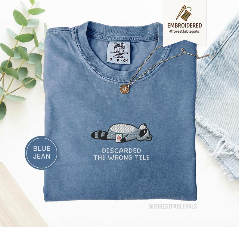Embroidered Funny Mahjong Raccoon Shirt - Mahjong Gift, Mah Jong Shirt, American Mahjong, Mahjong Lover Gift, Mahjong Player Tee, Mahjongg Blue Jean